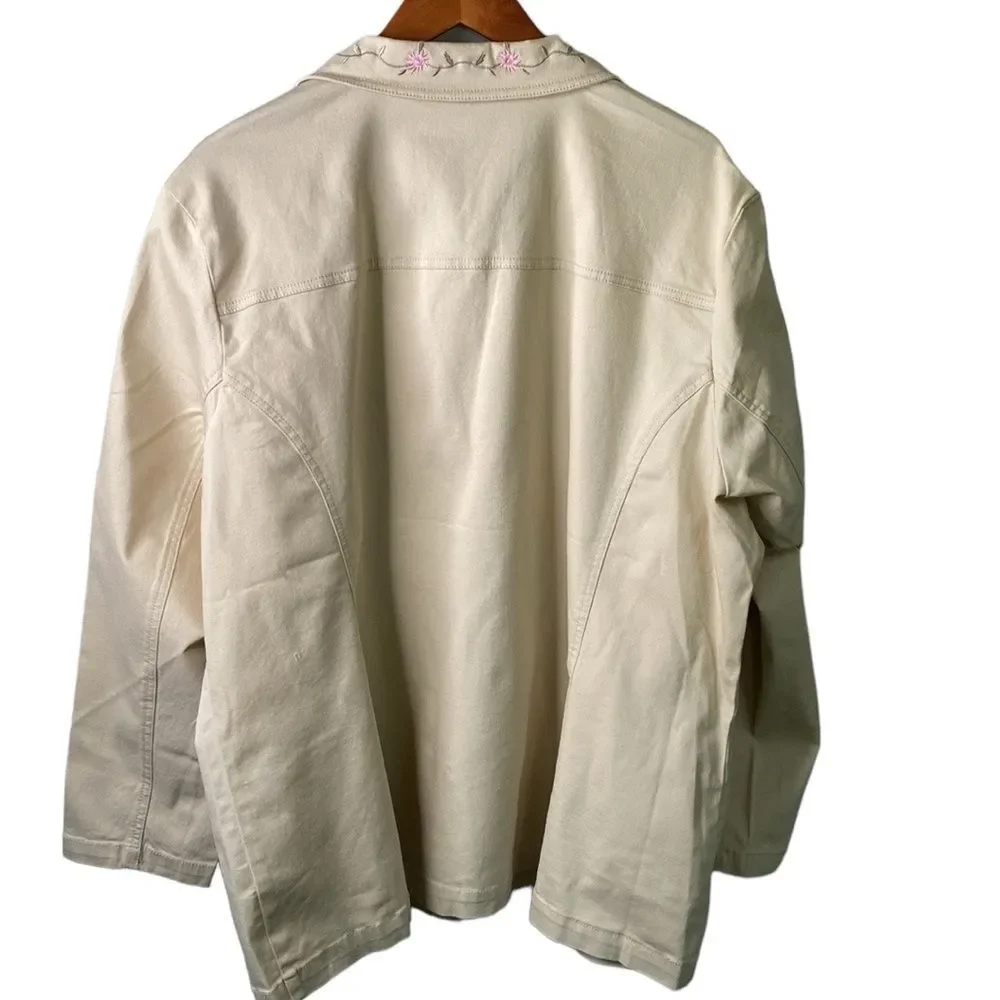 Denim&Co Floral Embroidered Jacket Blazer in Khaki Patch Pockets Stretch Denim